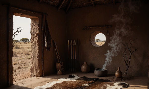 Masai manyatta interior mud hut with spears and smoke hole overlooking savanna depicting traditional Maasai heritage