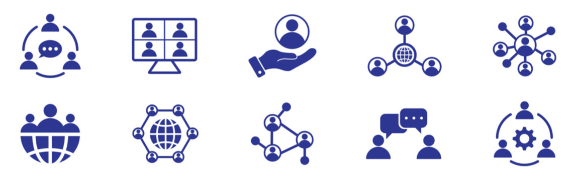 Professional networking and social media solid icons collection including connections, relationships, community, and event symbols. vector illustration