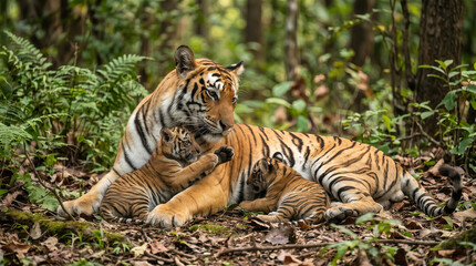 Fototapeta premium Two wild tigers resting together in the golden dry grassland with soft warm sunset light creating a peaceful safari scene