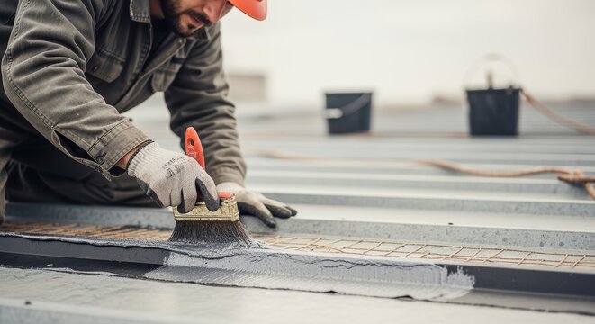 Construction worker applying waterproofing coating on metal roof using brush
