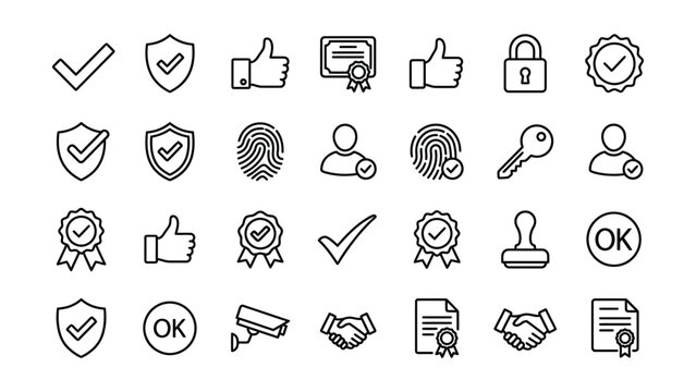 Set of hand drawn icons for verification security approval with thumbs up security check approved stamp approved thumbs up certificate fingerprint verification validation agreement