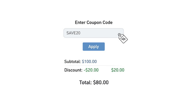 Shopping coupon code form, discount voucher input field, checkout savings calculator, apply promo code button, ecommerce discount display