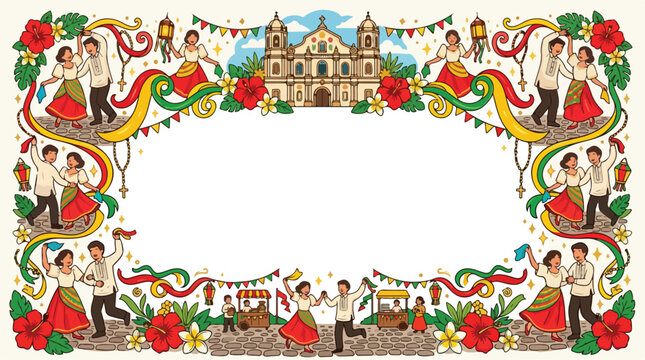 Fiesta celebration frame with Filipino dancers in front of a colonial church during town festival.