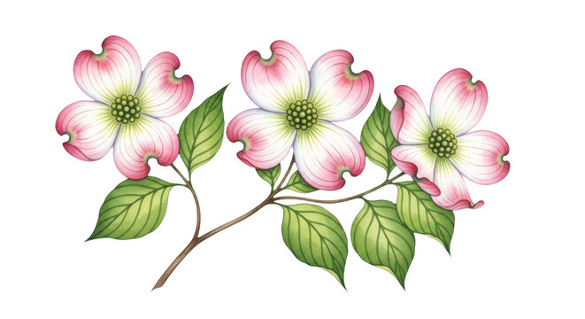 Watercolor dogwood blossom branch isolated on transparent background