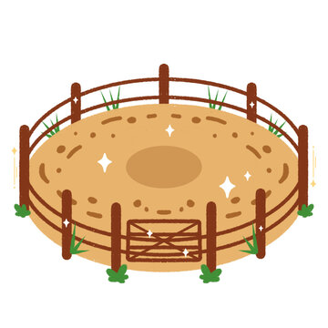 Round horse training arena corral with wooden fence and sand for ranch farming.