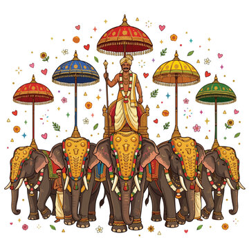 Grand elephant procession with decorated tuskers during the Thrissur Pooram festival in Kerala.
