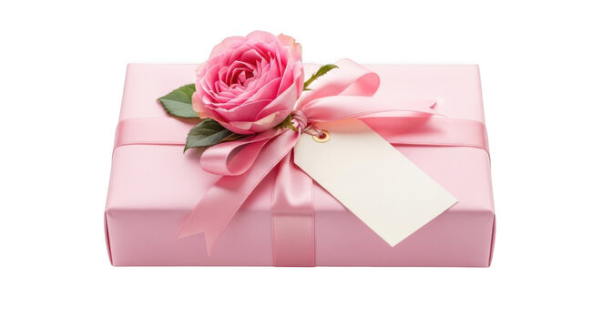 Pink gift box with rose and blank tag isolated on transparent background