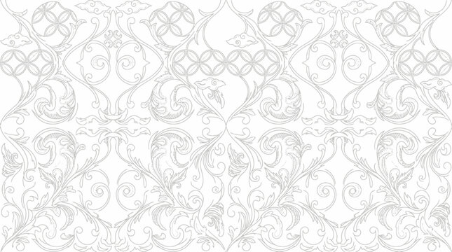 Intricate ornamental damask pattern with graceful scrolls and floral motifs suitable as a seamless background texture.