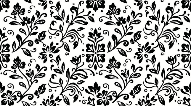 Elegant black and white damask floral pattern suitable for textiles and design.