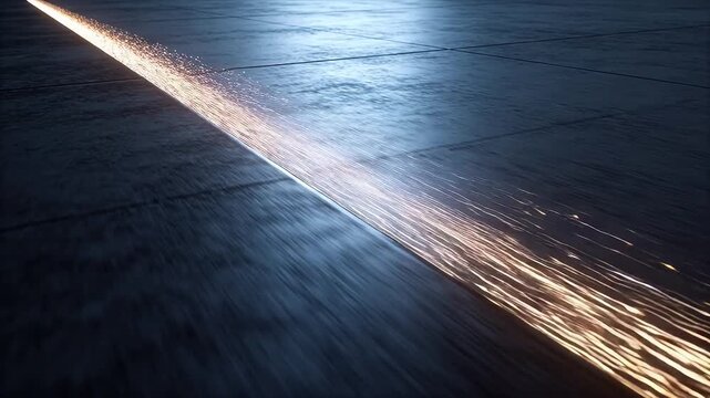 Diagonal glowing light beam with particles on dark smooth floor