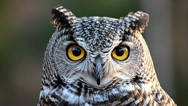 Extreme close-up of a Great Horned Owl head featuring an intense yellow eye, sharp beak, and detailed black and white mottled feathers against a soft bokeh natural background.