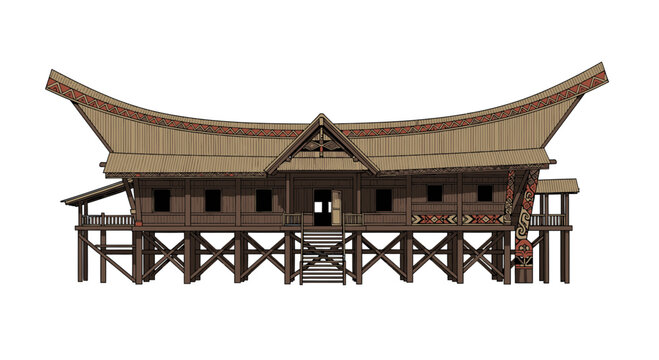 Traditional Indonesian House with Elevated Structure and Sweeping Roof
