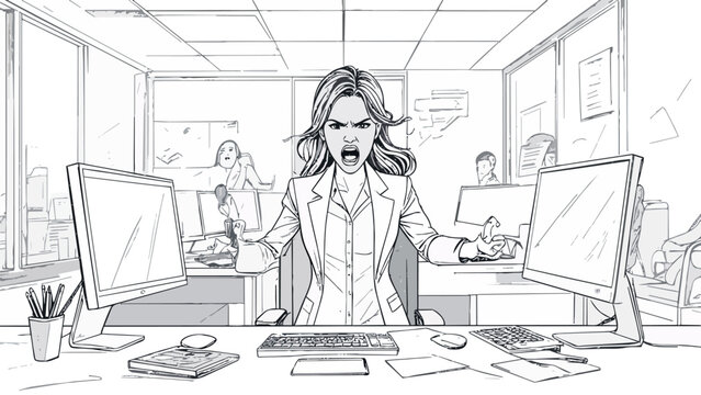 Woman experiencing anger outburst in busy office