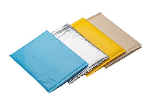 Colorful padded bubble mailers isolated on transparent background