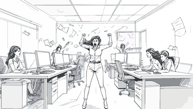 Woman experiencing workplace burnout, screaming in a chaotic office