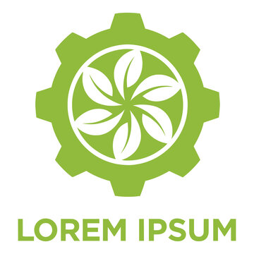 Green gear with leaves logo and lorem ipsum text on white background icon