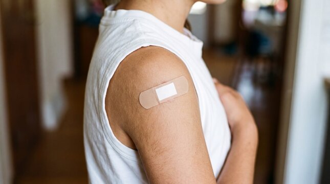 A person with a bandage on their arm after receiving a vaccination