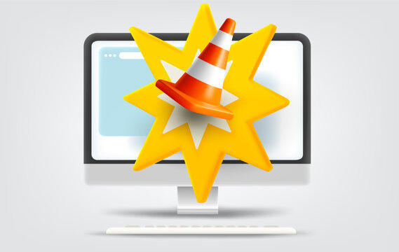 Modern computer with orange cone. Site under construction concept. Vector 3d illustration