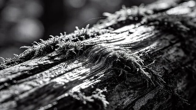 Moss covered tree trunk in black and white showing texture