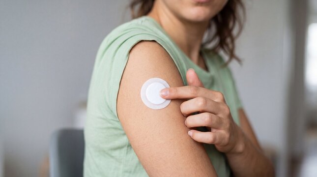 A woman with a white patch on her arm is checking it with her finger in a room