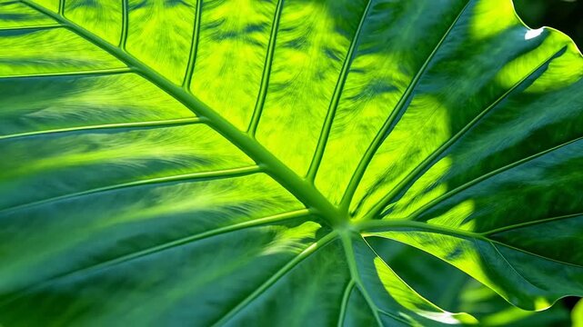 Large green leaf with clear veins and sunlight details
