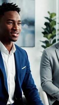 Professional African American Businessman in Blue Suit Discussing Projects in Corporate Office Meeting