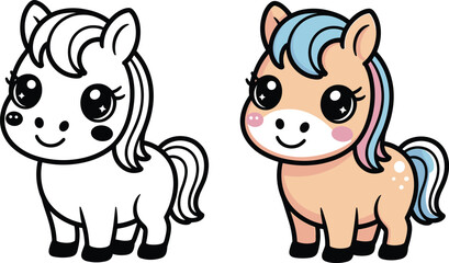 Fototapeta premium Kawaii chibi horse line and colored version pony cartoon