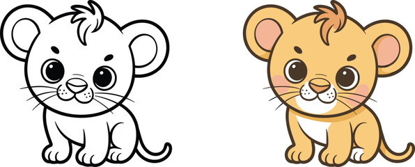 Fototapeta premium Cute cartoon lion cub, coloring page outline and colored version