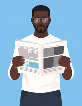 A flat vector illustration of a bearded young man with glasses reading a newspaper. He wears a brown jacket over an orange t-shirt, appearing focused and relaxed against a plain background.