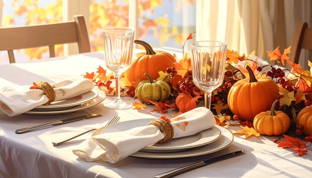 A Thanksgiving table setting with pumpkins and fall leaves