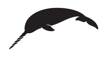 Curved Horn Narwhal Silhouette vector illustration of a narwhal showcasing its iconic spiraling tusk and graceful fluke in a dynamic pose perfect for marine wildlife graphics. © MasterTech