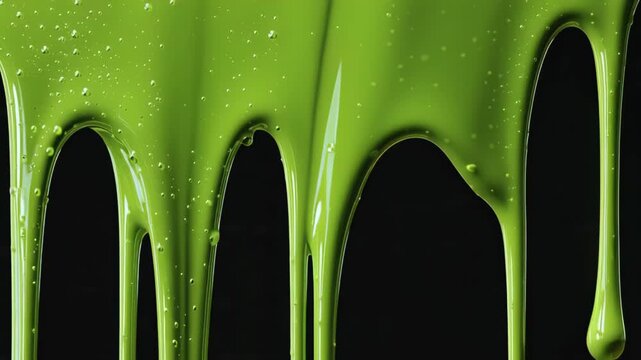 Vibrant green thick liquid dripping down on a black background