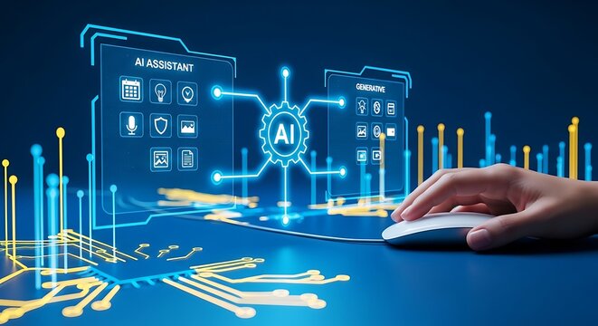 Artificial intelligence and data visualization concept with hand using computer mouse big data visualization technology