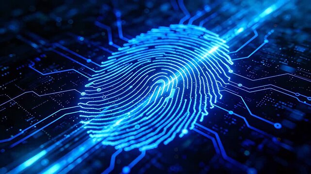Blue glowing digital fingerprint pattern with circuit board lines