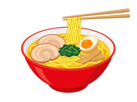 A vibrant ruby bowl of traditional Japanese ramen, filled with steaming noodles, rich golden broth, sliced chashu pork, a soft-boiled egg, and fresh green spinach, being lifted with wooden chopsticks