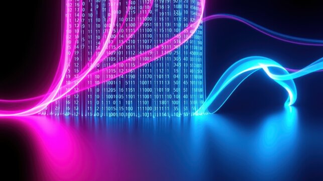 Abstract digital waves, binary code background. Vibrant blue, pink hues dominate dark space. Futuristic, dynamic composition.
