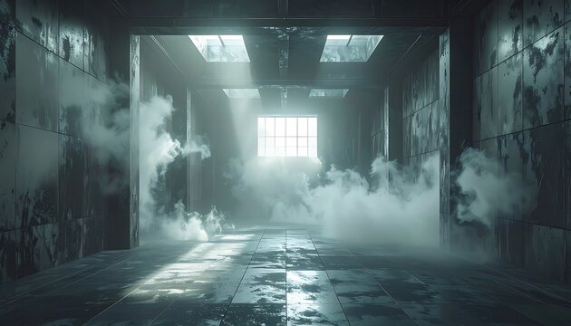 A dimly lit room with smoke and a bright window