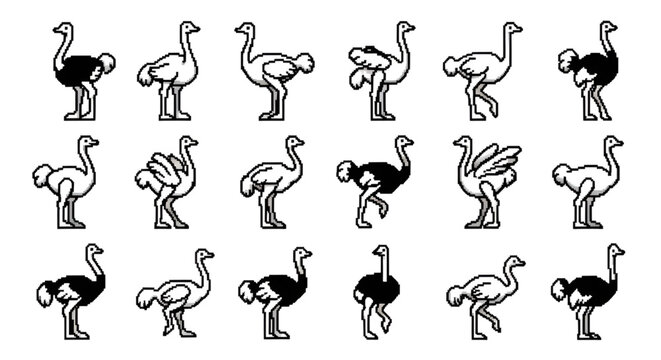 Pixel Art Ostrich Character Sprites Set for Retro Games, 8-Bit Flightless Bird Animation Pack Isolated on White