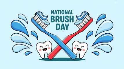 National Brush Day illustration with cartoon toothbrushes and happy teeth