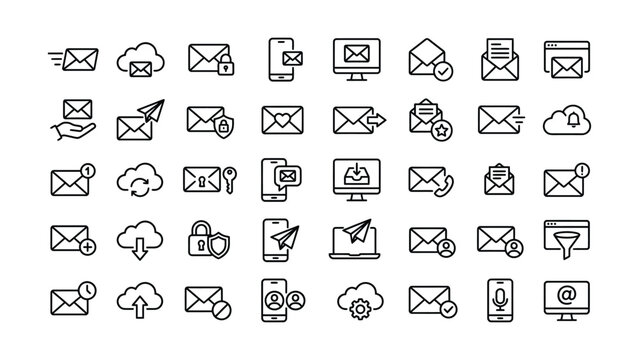 Vector graphics of email and communication icons with communication envelope notification document smartphone computer internet transfer download delivery dispatch illustration signature