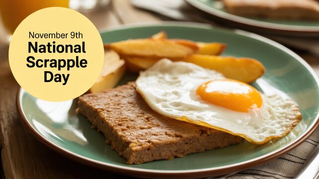 National Scrapple Day breakfast with fried egg and potato wedge on a plate