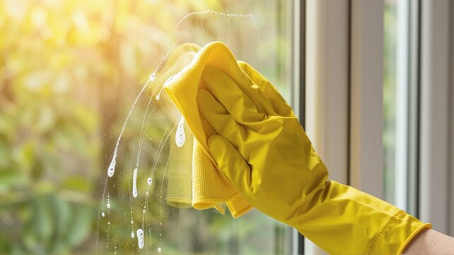 Gloved hand cleaning window with spray and cloth, sunlit home, spring cleaning and chores concept