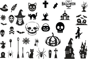 Obraz premium Halloween Icons Set – Spooky Silhouettes Collection with Skull, Pumpkin, Witch, Bat, Cat, Haunted House