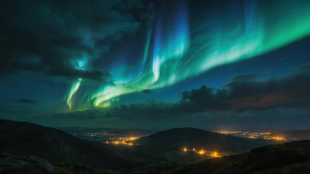 aurora borealis over night valley with village lights in mountain landscape