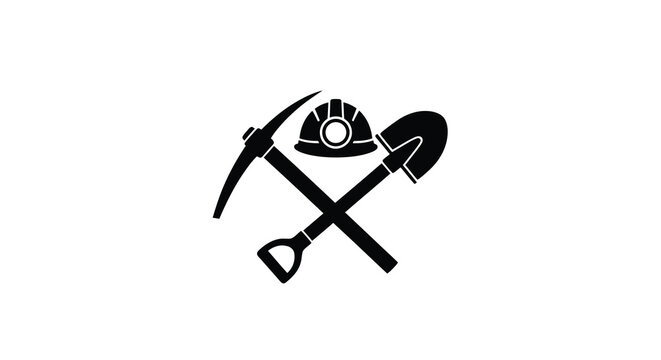 Mining tools a pickaxe hard hat and shovel crossed together