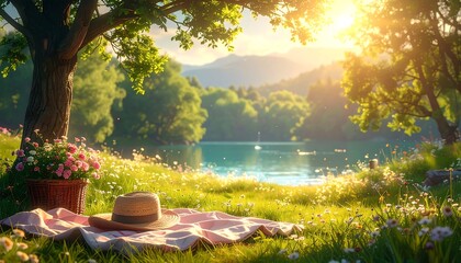 Obraz premium Serene lakeside picnic setup at sunset with lush greenery