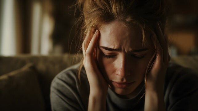 Distressed Young Woman Holding Head in Anxiety and Emotional Stress