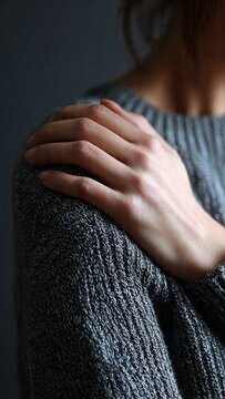 Person Holding Sore Shoulder and Neck in Cozy Grey Sweater, Muscle Strain and Chronic Pain Relief Concept at Home