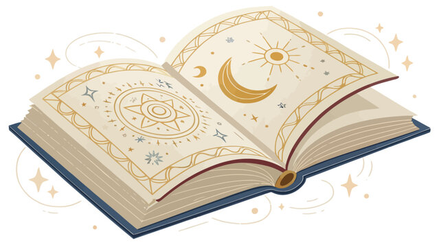 An open book with mystical symbols and illustrations of the sun, moon, and stars on its pages.