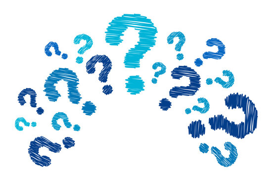 Question mark doodle textured hand-drawn signs. Quiz abstract illustration for answers on white background. Curiosity blue symbols of doubt for trivia game and survey banner.